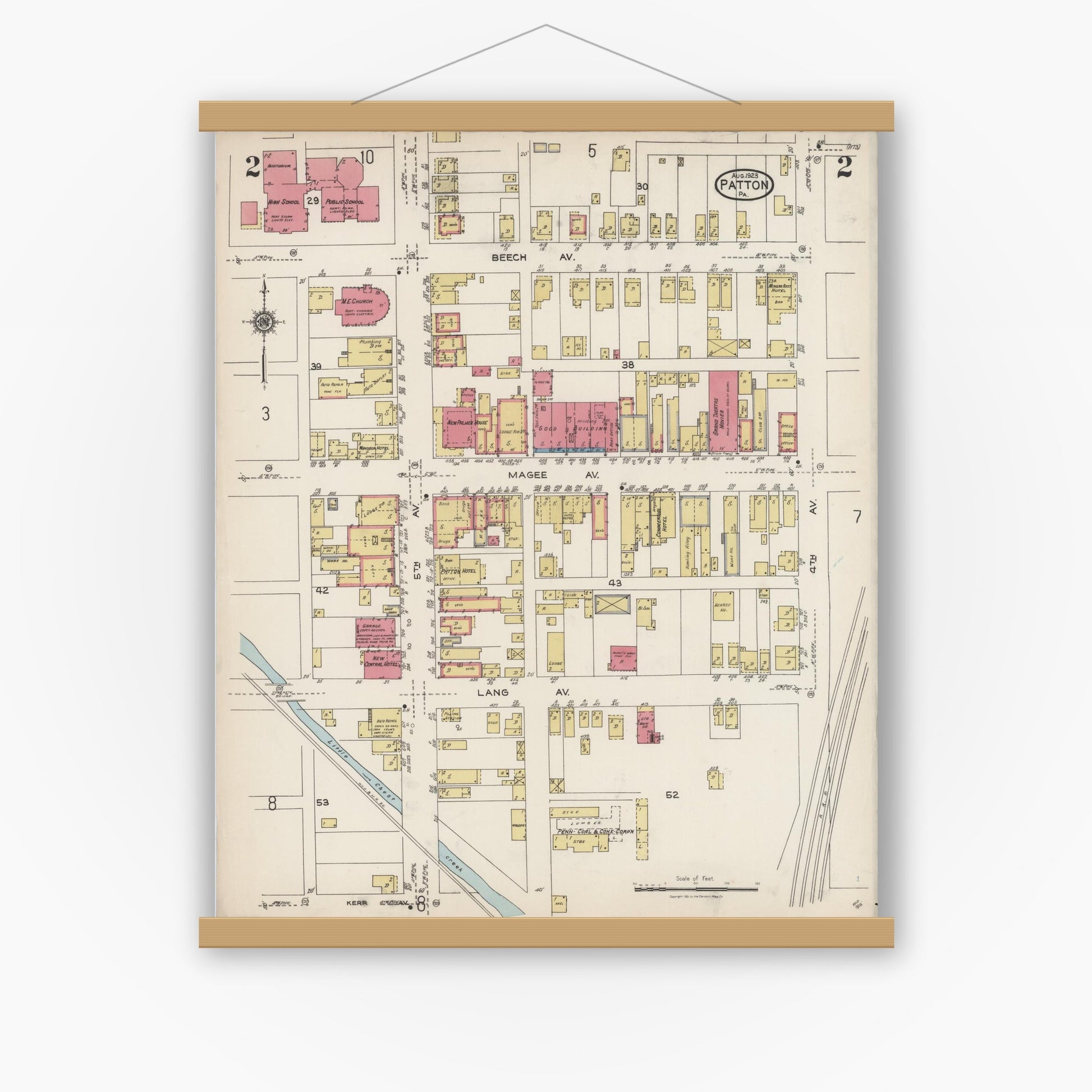 Old map wall art mockup — magnetic wood frame on white wall — Sanborn Fire Insurance Map from Patton, Cambria County, Pennsylvania (1923), Sheet #0002