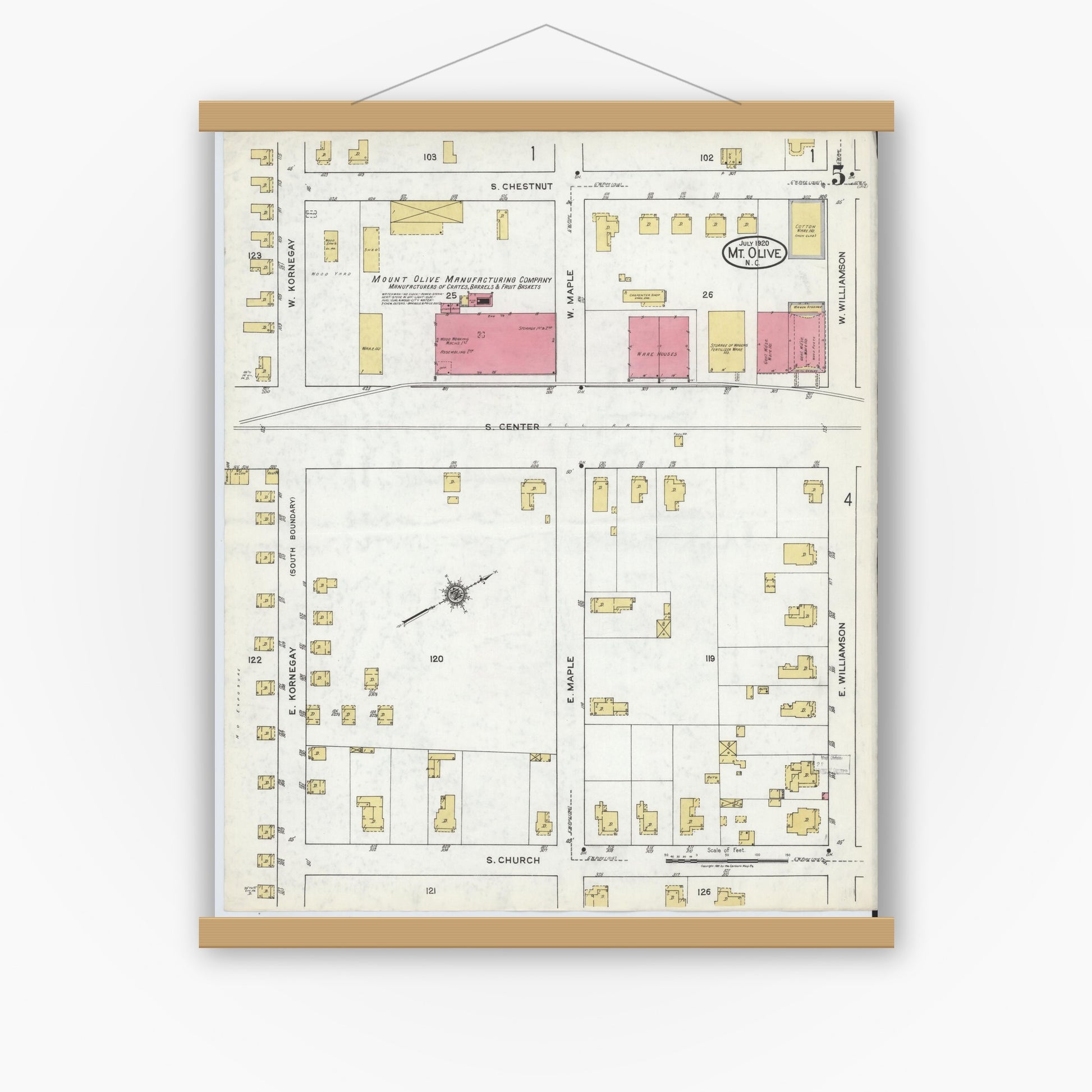 Old map wall art mockup — magnetic wood frame on white wall — Sanborn Fire Insurance Map from Mount Olive, Wayne County, North Carolina (1920), Sheet #0005