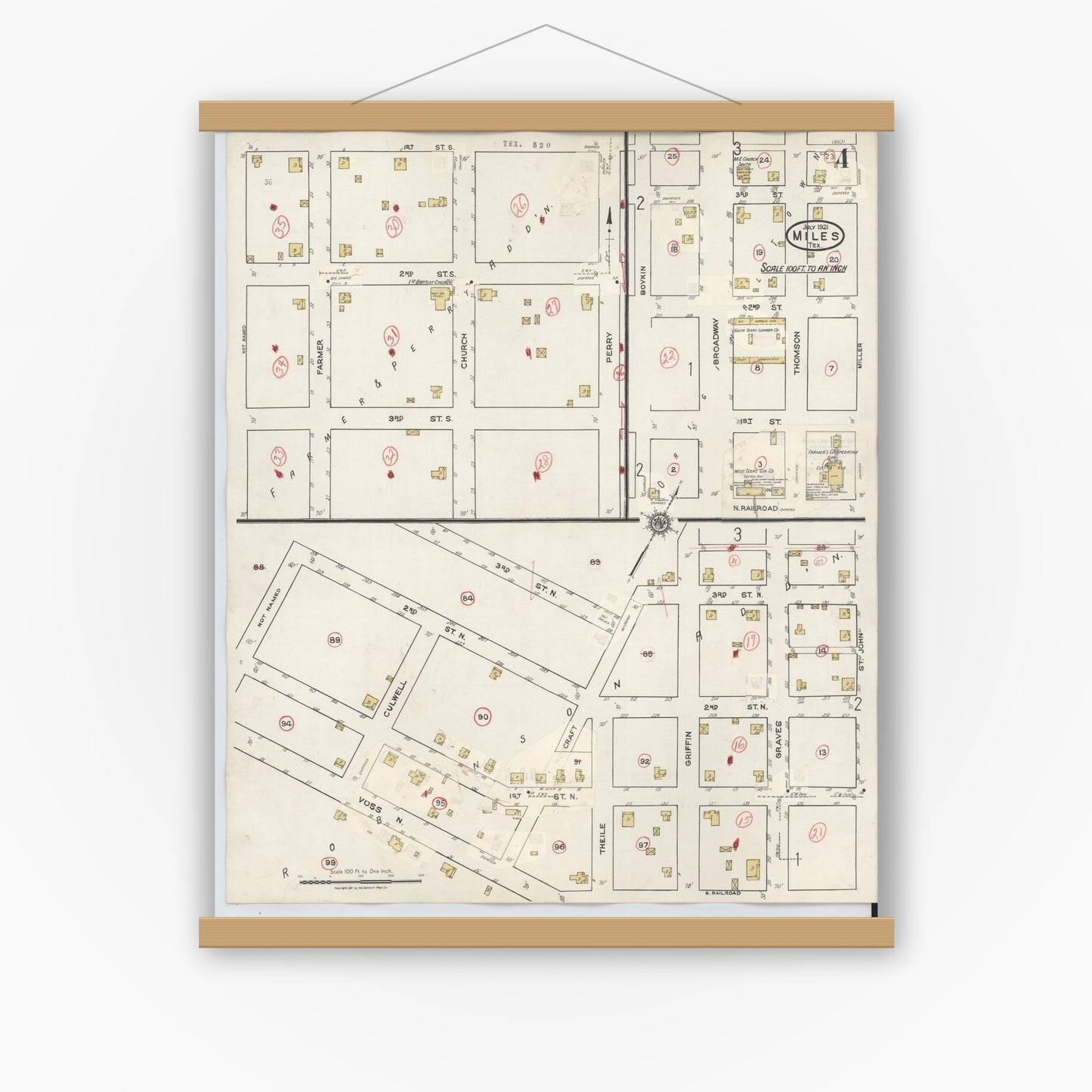 Old map wall art mockup — magnetic wood frame on white wall — Sanborn Fire Insurance Map from Miles, Runnels County, Texas (1936), Sheet #0004