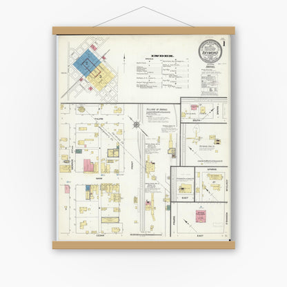 Old map wall art mockup — magnetic wood frame on white wall — Sanborn Fire Insurance Map from Raymond, Montgomery County, Illinois (1909) - Complete Map Set