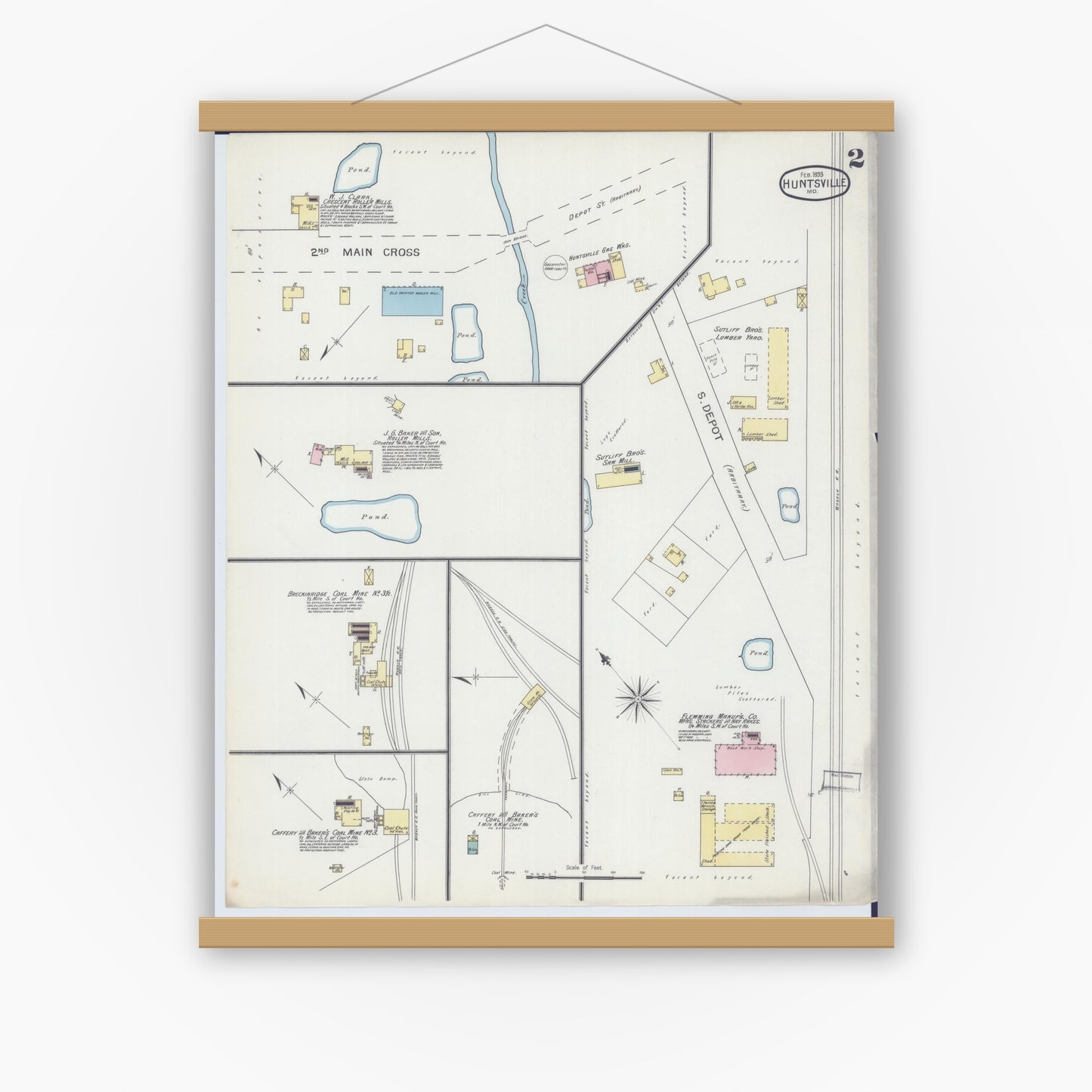 Old map wall art mockup — magnetic wood frame on white wall — Sanborn Fire Insurance Map from Huntsville, Randolph County, Missouri (1893), Sheet #0002