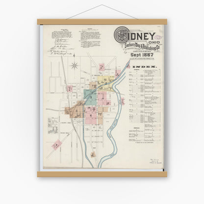 Old map wall art mockup — magnetic wood frame on white wall — Sanborn Fire Insurance Map from Sidney, Shelby County, Ohio (1887), Sheet #0001