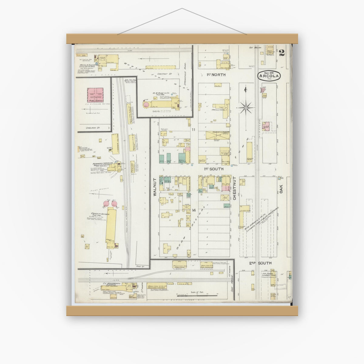 Old map wall art mockup — magnetic wood frame on white wall — Sanborn Fire Insurance Map from Arcola, Douglas County, Illinois (1892), Sheet #0002