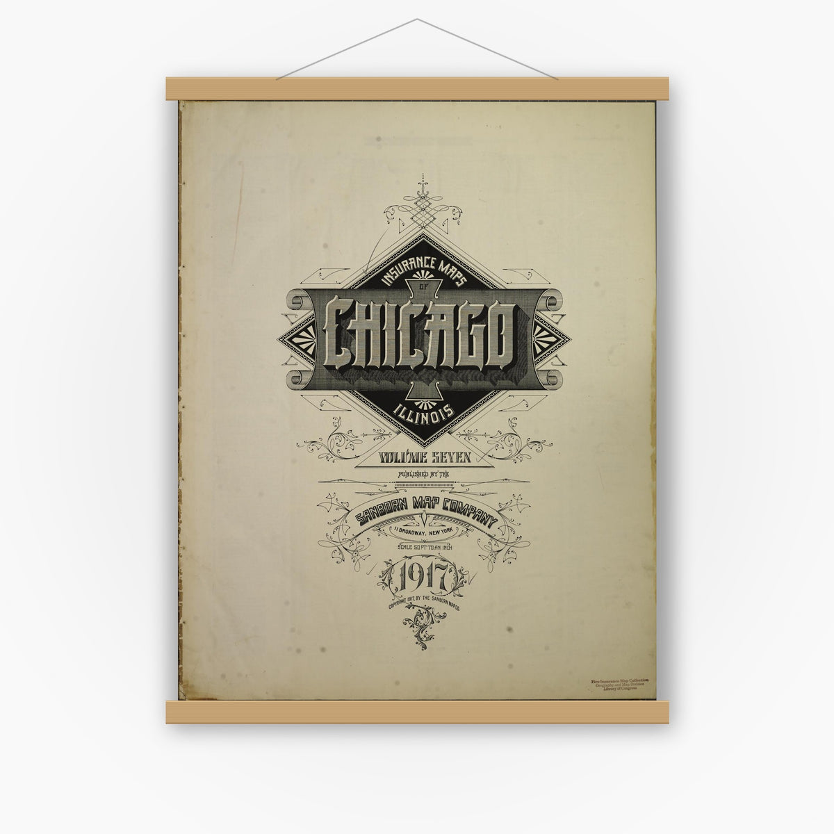 Old map wall art mockup — magnetic wood frame on white wall — Sanborn Fire Insurance Map from Chicago, Cook County, Illinois (1917), Sheet #0001