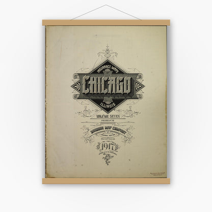 Old map wall art mockup — magnetic wood frame on white wall — Sanborn Fire Insurance Map from Chicago, Cook County, Illinois (1917), Sheet #0001