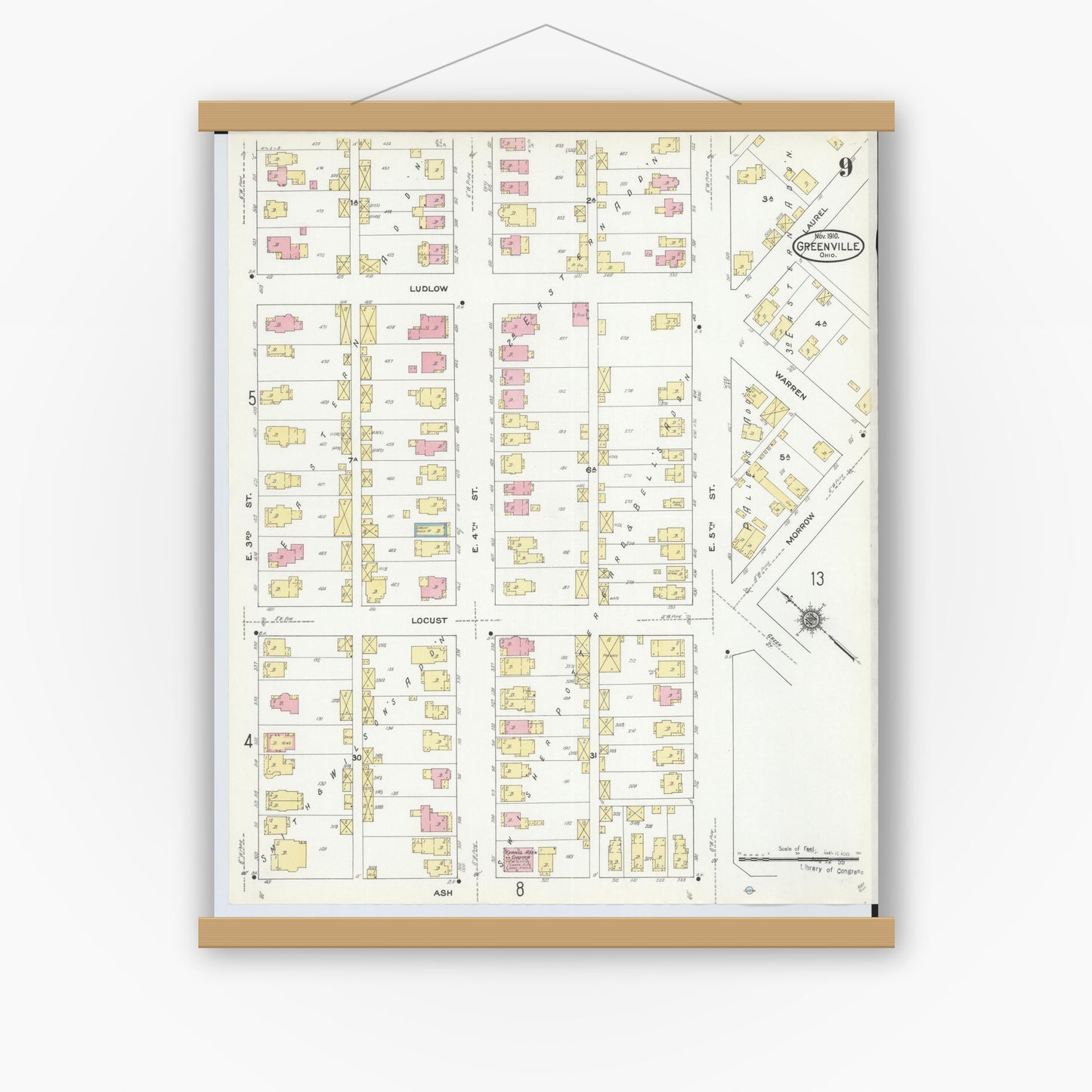 Old map wall art mockup — magnetic wood frame on white wall — Sanborn Fire Insurance Map from Greenville, Darke County, Ohio (1910), Sheet #0009