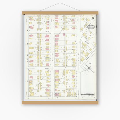 Old map wall art mockup — magnetic wood frame on white wall — Sanborn Fire Insurance Map from Greenville, Darke County, Ohio (1910), Sheet #0009
