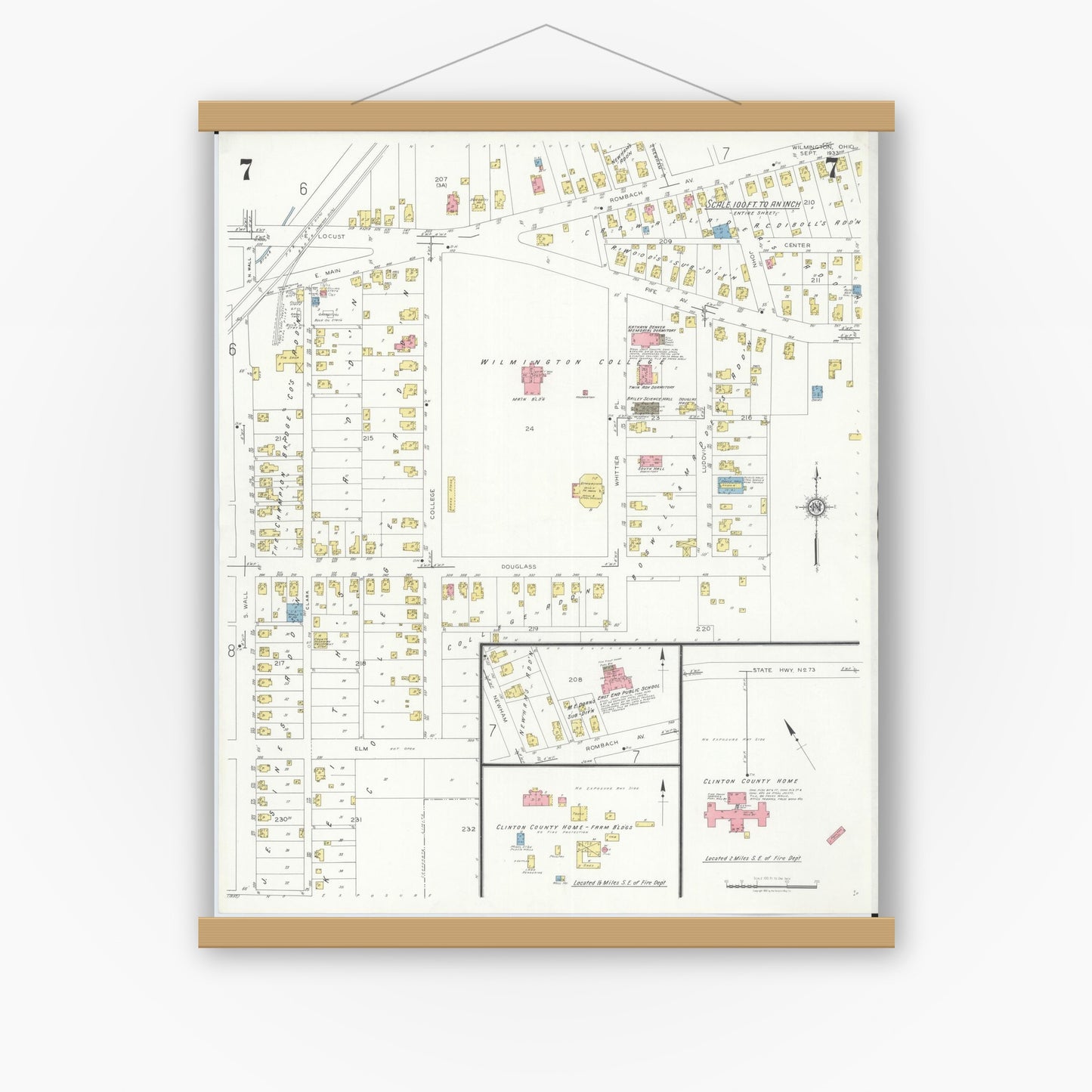 Old map wall art mockup — magnetic wood frame on white wall — Sanborn Fire Insurance Map from Wilmington, Clinton County, Ohio (1933), Sheet #0007