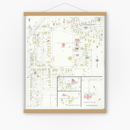 Old map wall art mockup — magnetic wood frame on white wall — Sanborn Fire Insurance Map from Wilmington, Clinton County, Ohio (1933), Sheet #0007