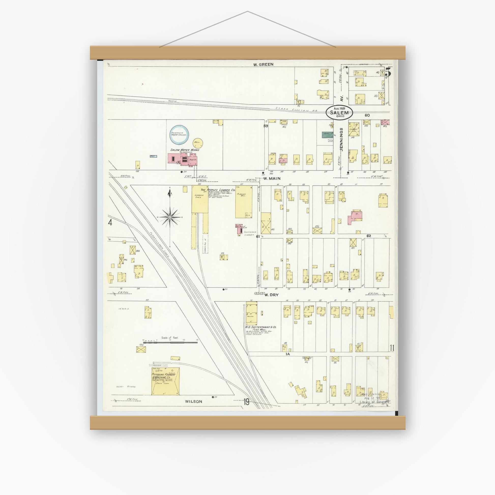 Old map wall art mockup — magnetic wood frame on white wall — Sanborn Fire Insurance Map from Salem, Columbiana County, Ohio (1909), Sheet #0005