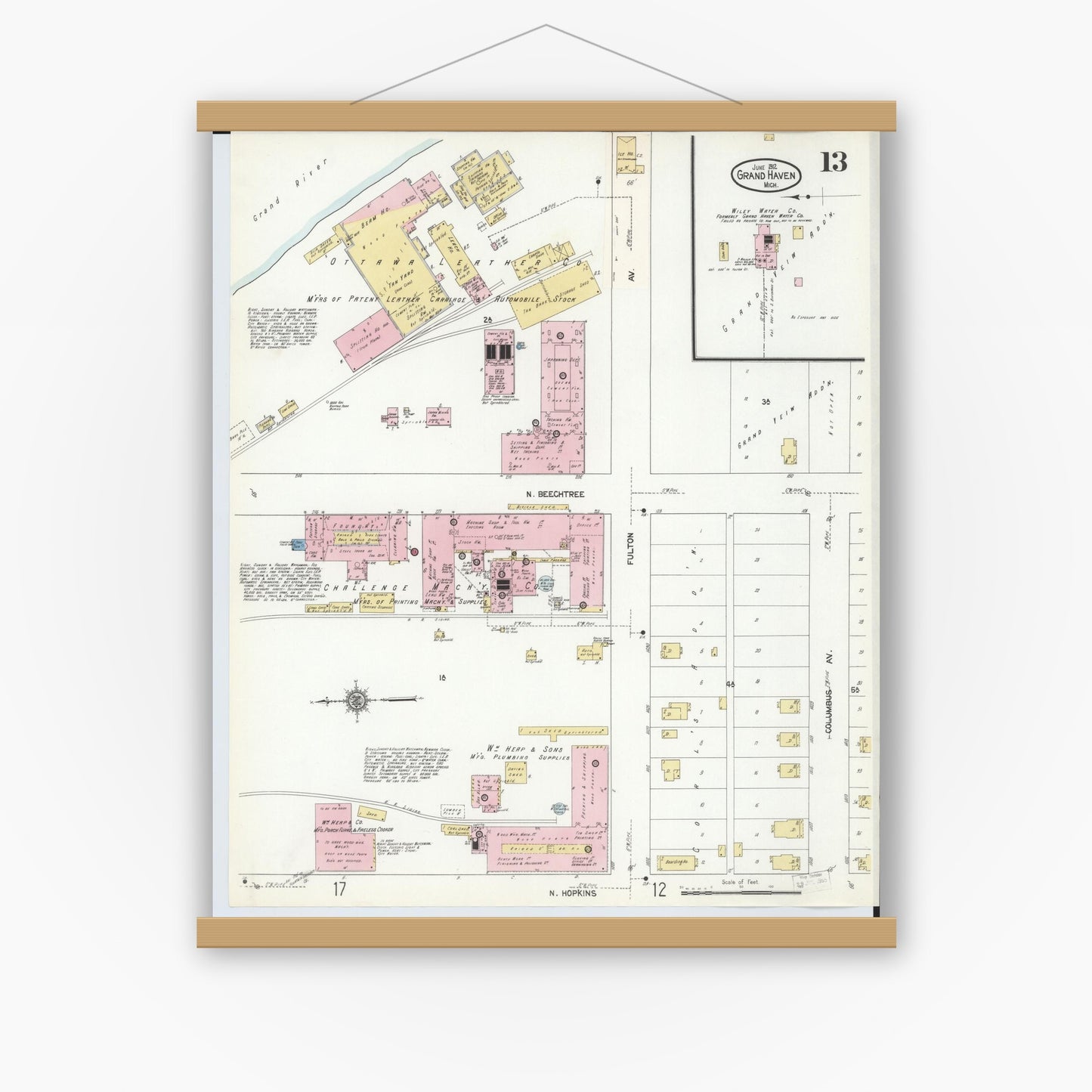 Old map wall art mockup — magnetic wood frame on white wall — Sanborn Fire Insurance Map from Grand Haven, Ottawa County, Michigan (1912), Sheet #0013