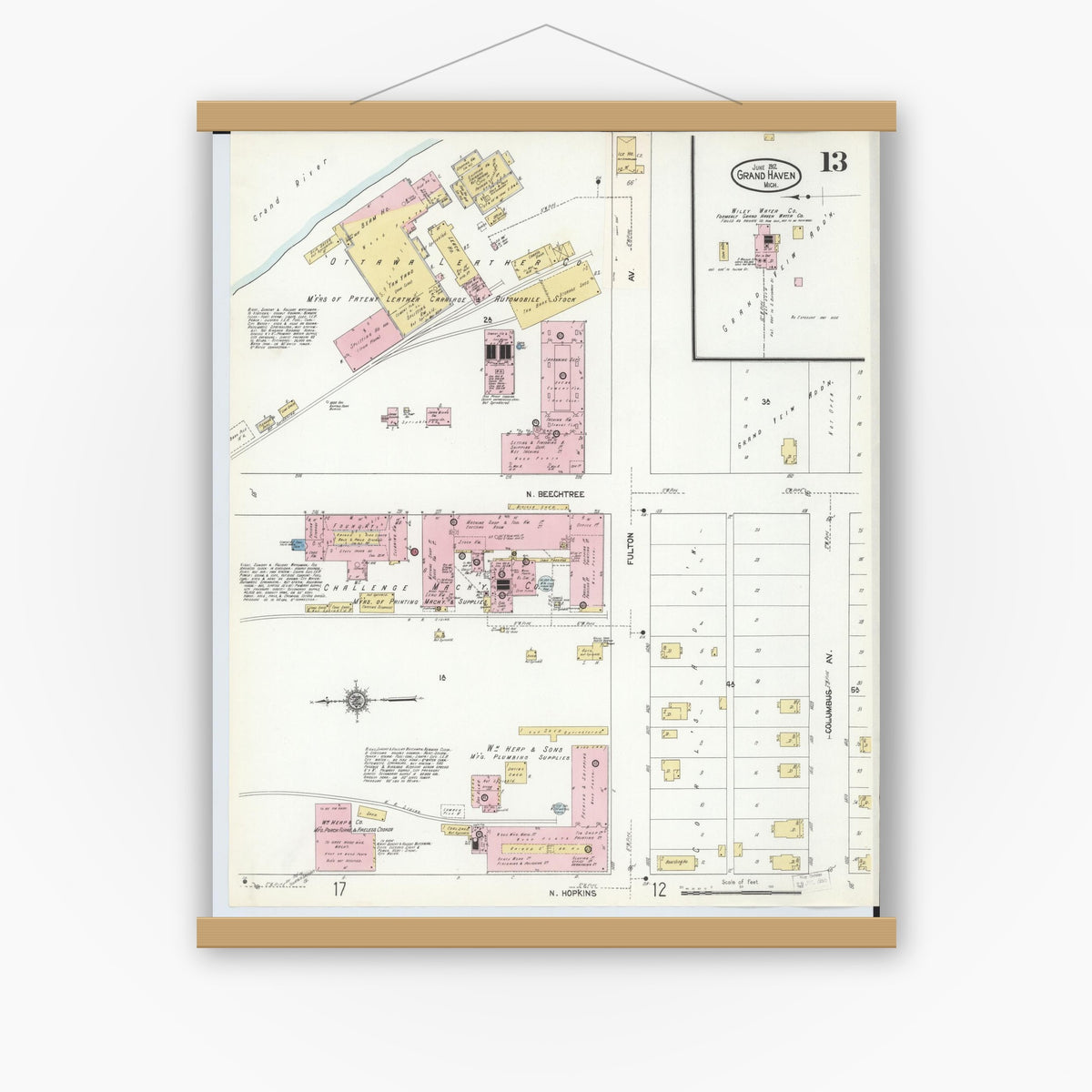 Old map wall art mockup — magnetic wood frame on white wall — Sanborn Fire Insurance Map from Grand Haven, Ottawa County, Michigan (1912), Sheet #0013