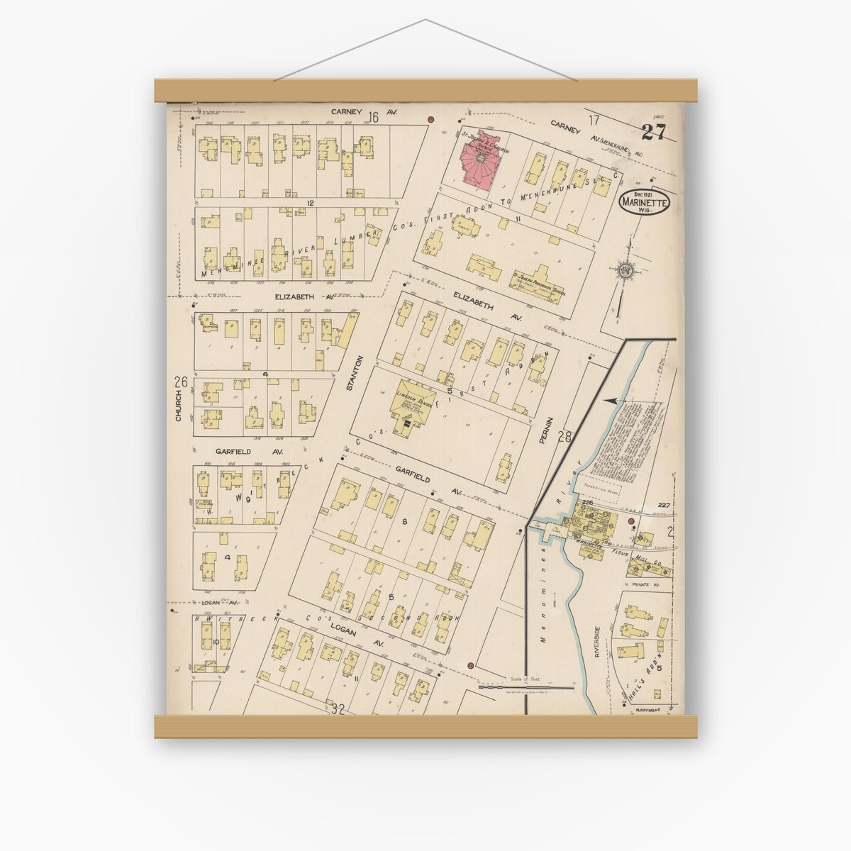 Old map wall art mockup — magnetic wood frame on white wall — Sanborn Fire Insurance Map from Marinette, Marinette County, Wisconsin (1921), Sheet #0027