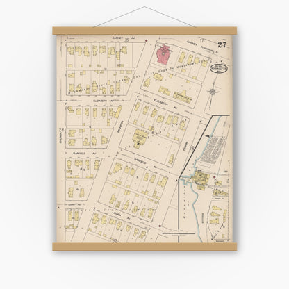 Old map wall art mockup — magnetic wood frame on white wall — Sanborn Fire Insurance Map from Marinette, Marinette County, Wisconsin (1921), Sheet #0027