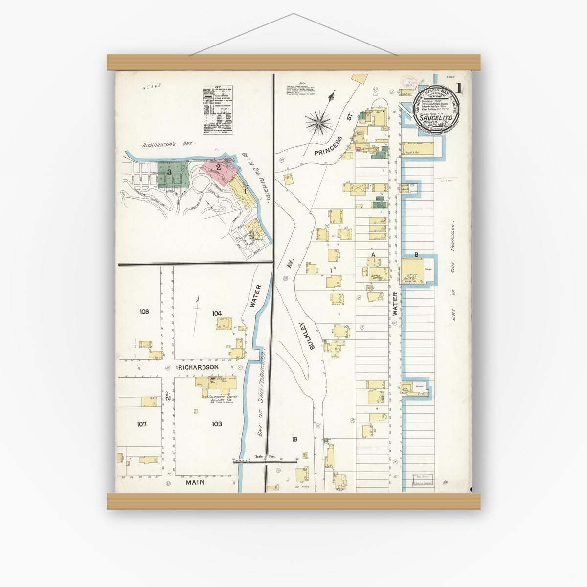 Old map wall art mockup — magnetic wood frame on white wall — Sanborn Fire Insurance Map from Sausalito, Marin County, California (1894) - Complete Map Set