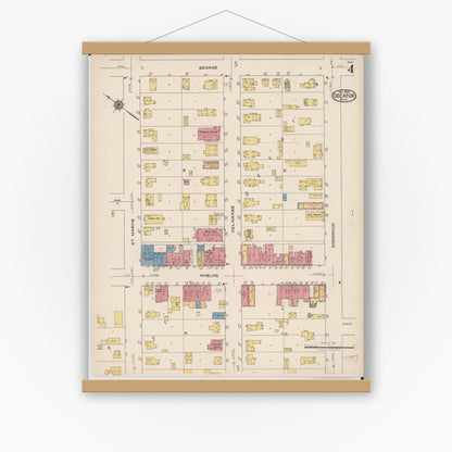 Old map wall art mockup — magnetic wood frame on white wall — Sanborn Fire Insurance Map from Decatur, Van Buren County, Michigan (1922), Sheet #0004