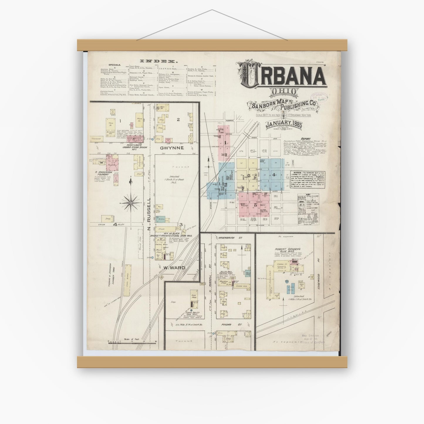 Old map wall art mockup — magnetic wood frame on white wall — Sanborn Fire Insurance Map from Urbana, Champaign County, Ohio (1885), Sheet #0001