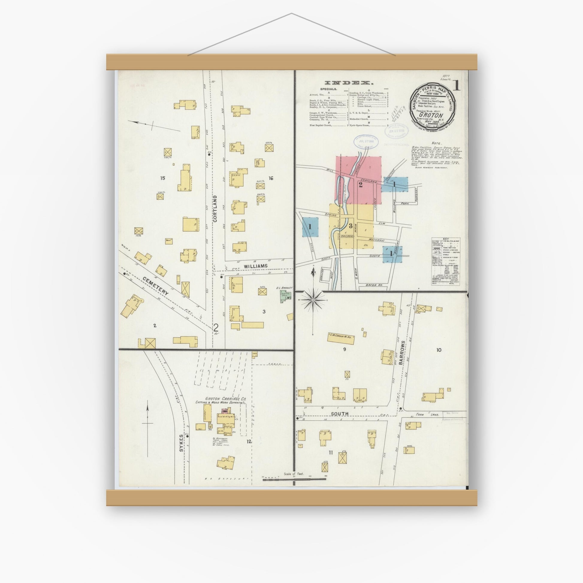 Old map wall art mockup — magnetic wood frame on white wall — Sanborn Fire Insurance Map from Groton, Tomkins County, New York (1898) - Complete Map Set