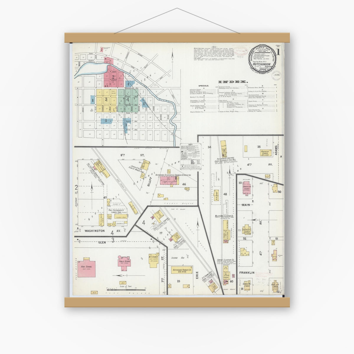 Old map wall art mockup — magnetic wood frame on white wall — Sanborn Fire Insurance Map from Hutchinson, Mcleod County, Minnesota (1899) - Complete Map Set