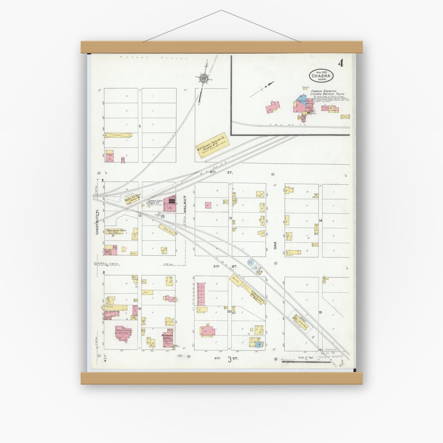Old map wall art mockup — magnetic wood frame on white wall — Sanborn Fire Insurance Map from Chaska, Carver County, Minnesota (1910), Sheet #0004
