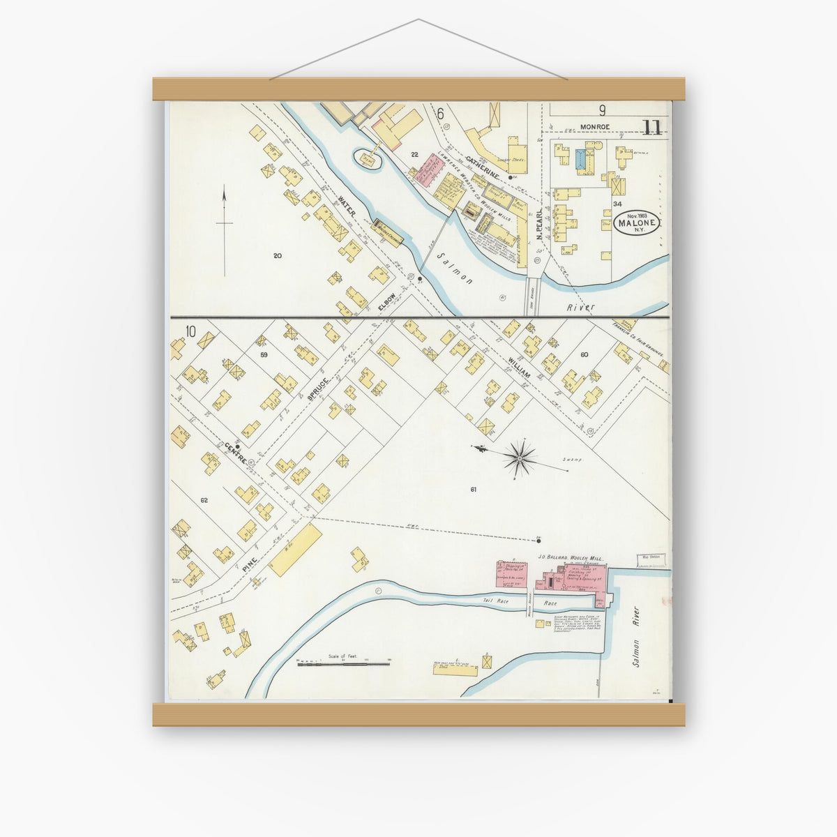 Old map wall art mockup — magnetic wood frame on white wall — Sanborn Fire Insurance Map from Malone, Franklin County, New York (1903), Sheet #0011