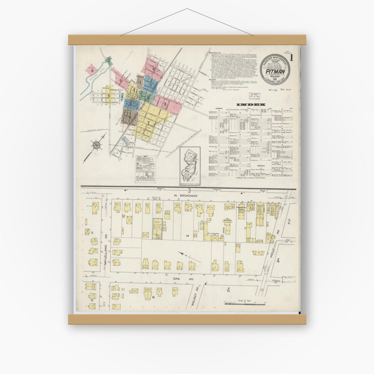 Old map wall art mockup — magnetic wood frame on white wall — Sanborn Fire Insurance Map from Pitman, Gloucester County, New Jersey (1915), Sheet #0001