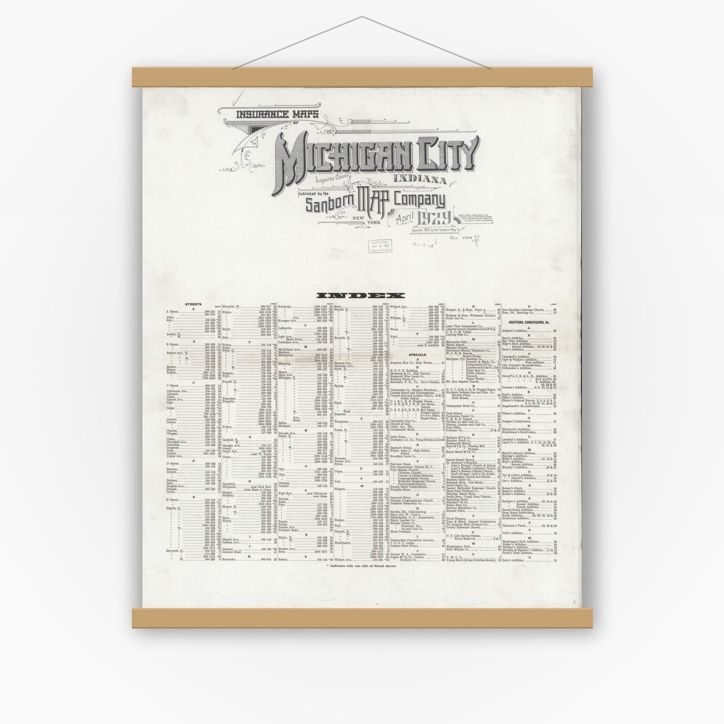 Old map wall art mockup — magnetic wood frame on white wall — Sanborn Fire Insurance Map from Michigan City, La Porte County, Indiana (1929), Sheet #0001