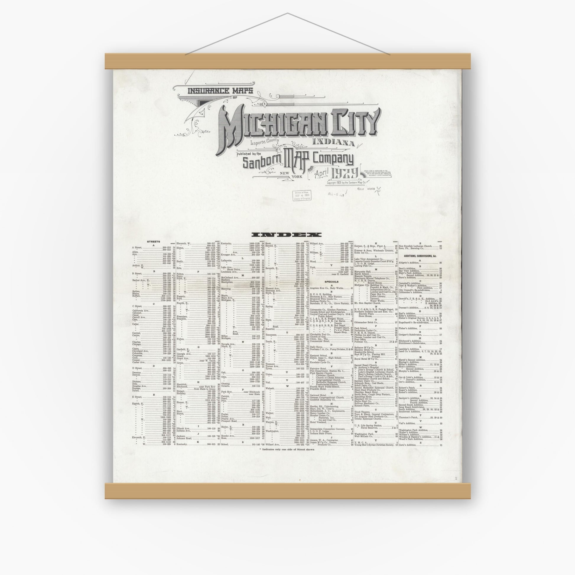Old map wall art mockup — magnetic wood frame on white wall — Sanborn Fire Insurance Map from Michigan City, La Porte County, Indiana (1929), Sheet #0001