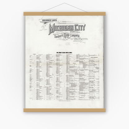 Old map wall art mockup — magnetic wood frame on white wall — Sanborn Fire Insurance Map from Michigan City, La Porte County, Indiana (1929), Sheet #0001