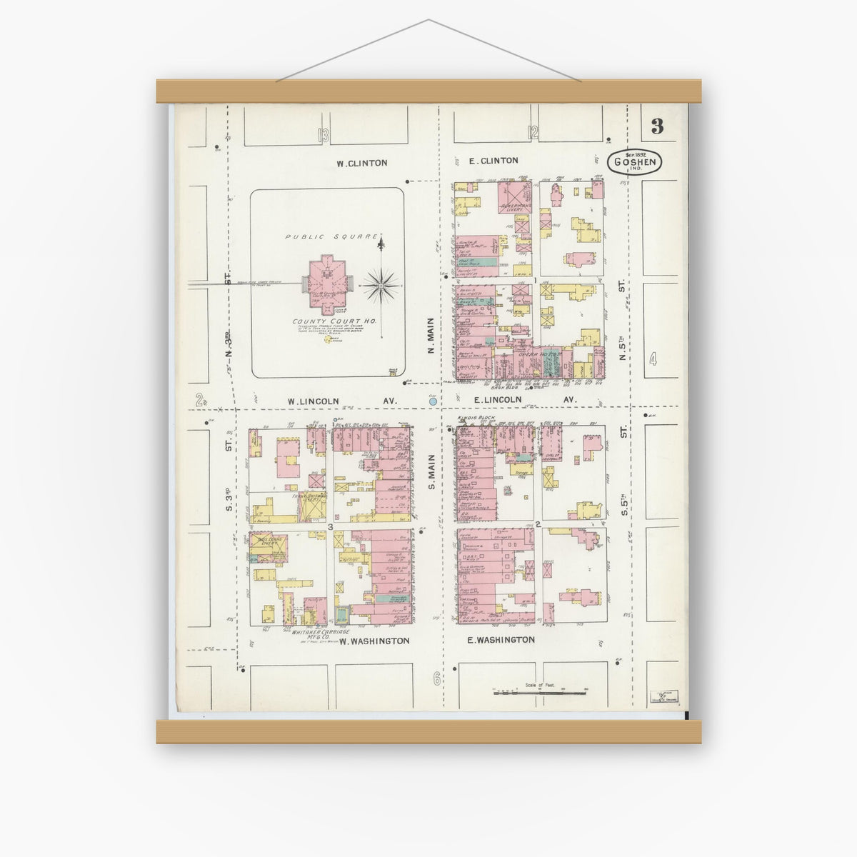 Old map wall art mockup — magnetic wood frame on white wall — Sanborn Fire Insurance Map from Goshen, Elkhart County, Indiana (1892), Sheet #0003