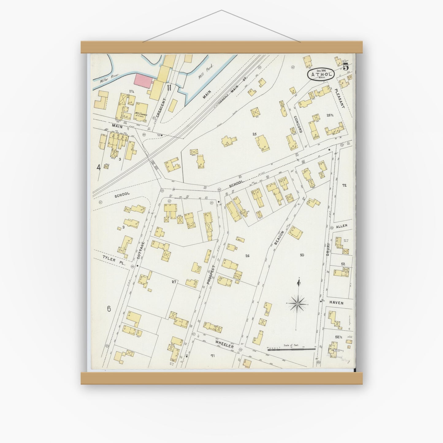 Old map wall art mockup — magnetic wood frame on white wall — Sanborn Fire Insurance Map from Athol, Worcester County, Massachusetts (1896), Sheet #0005
