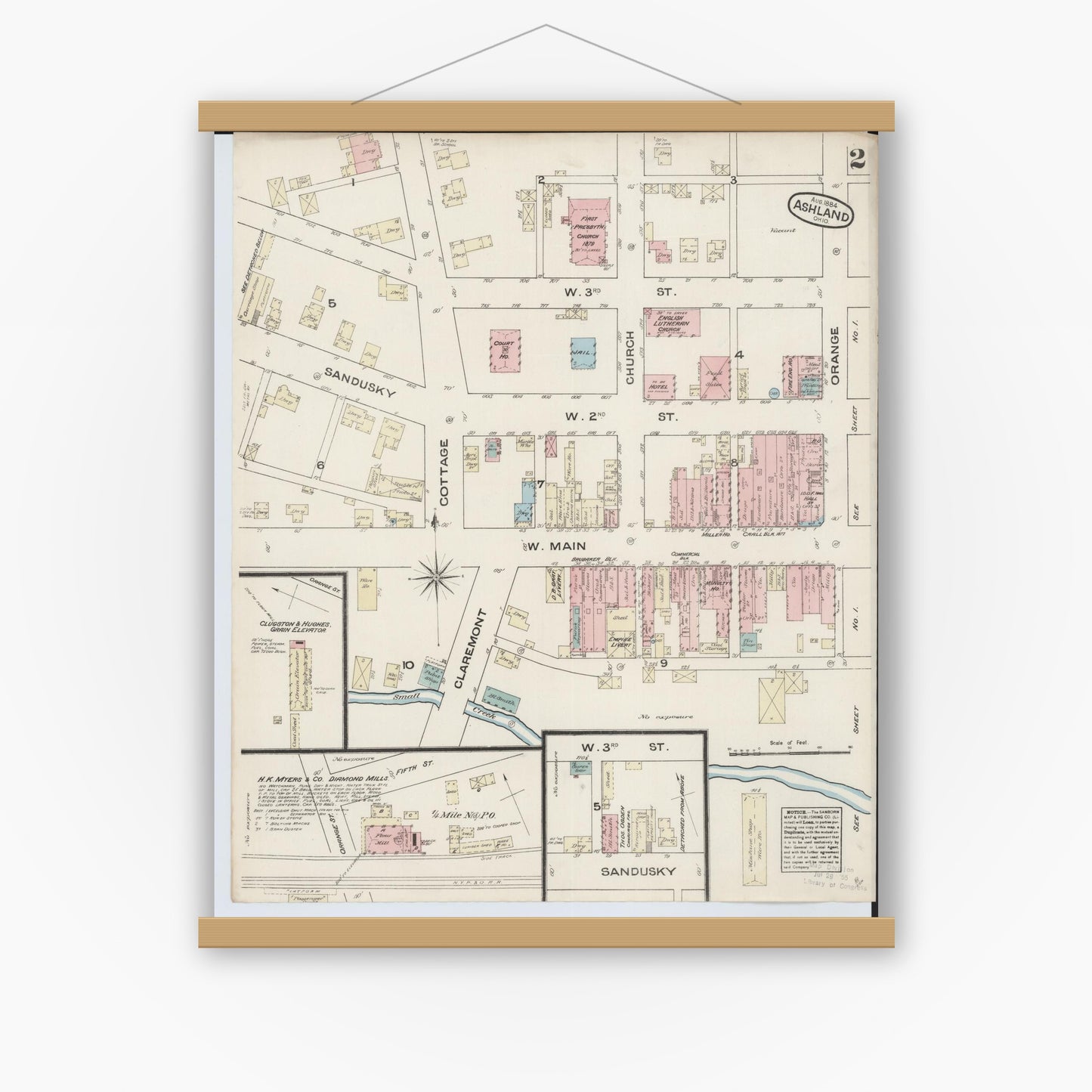 Old map wall art mockup — magnetic wood frame on white wall — Sanborn Fire Insurance Map from Ashland, Ashland County, Ohio (1884), Sheet #0002