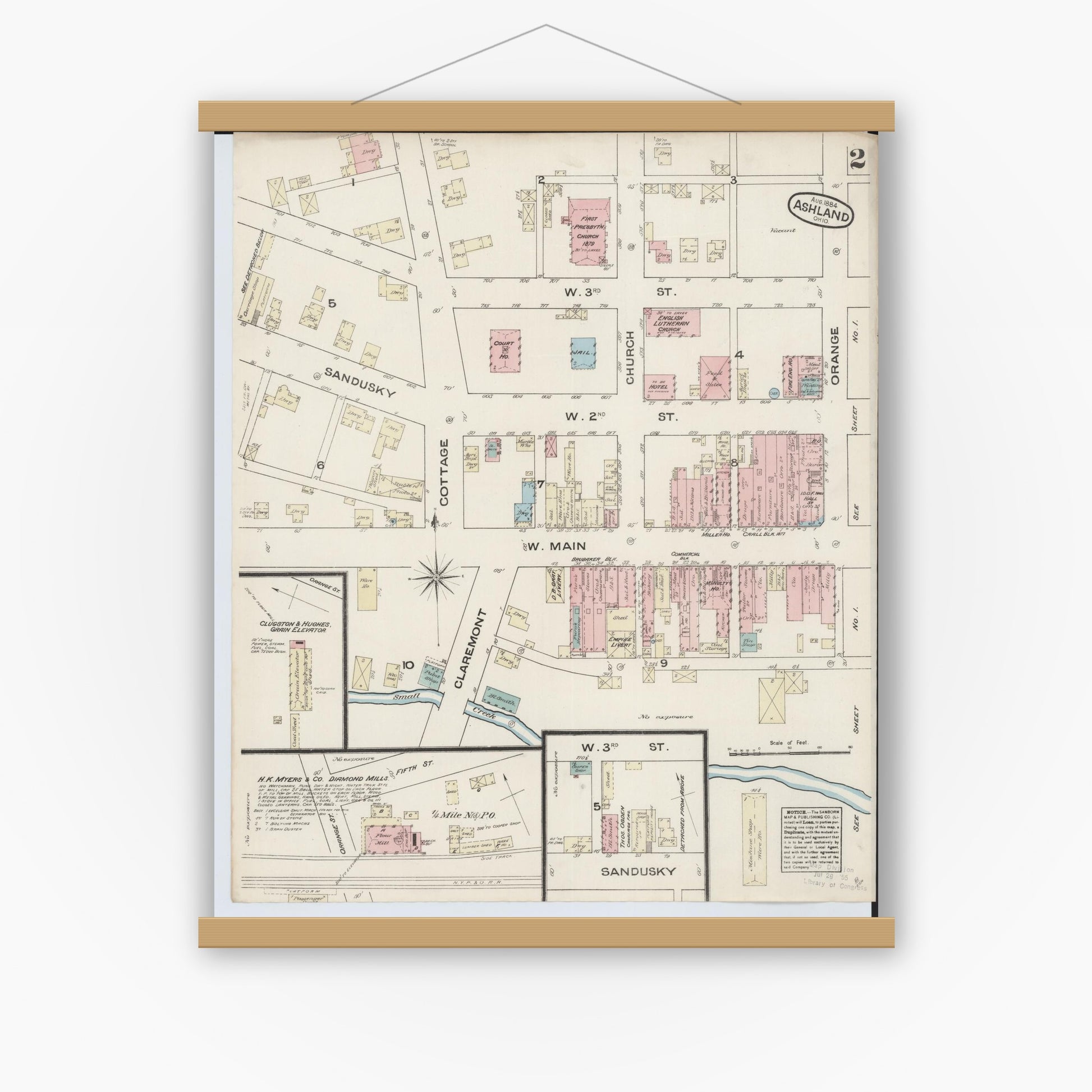 Old map wall art mockup — magnetic wood frame on white wall — Sanborn Fire Insurance Map from Ashland, Ashland County, Ohio (1884), Sheet #0002
