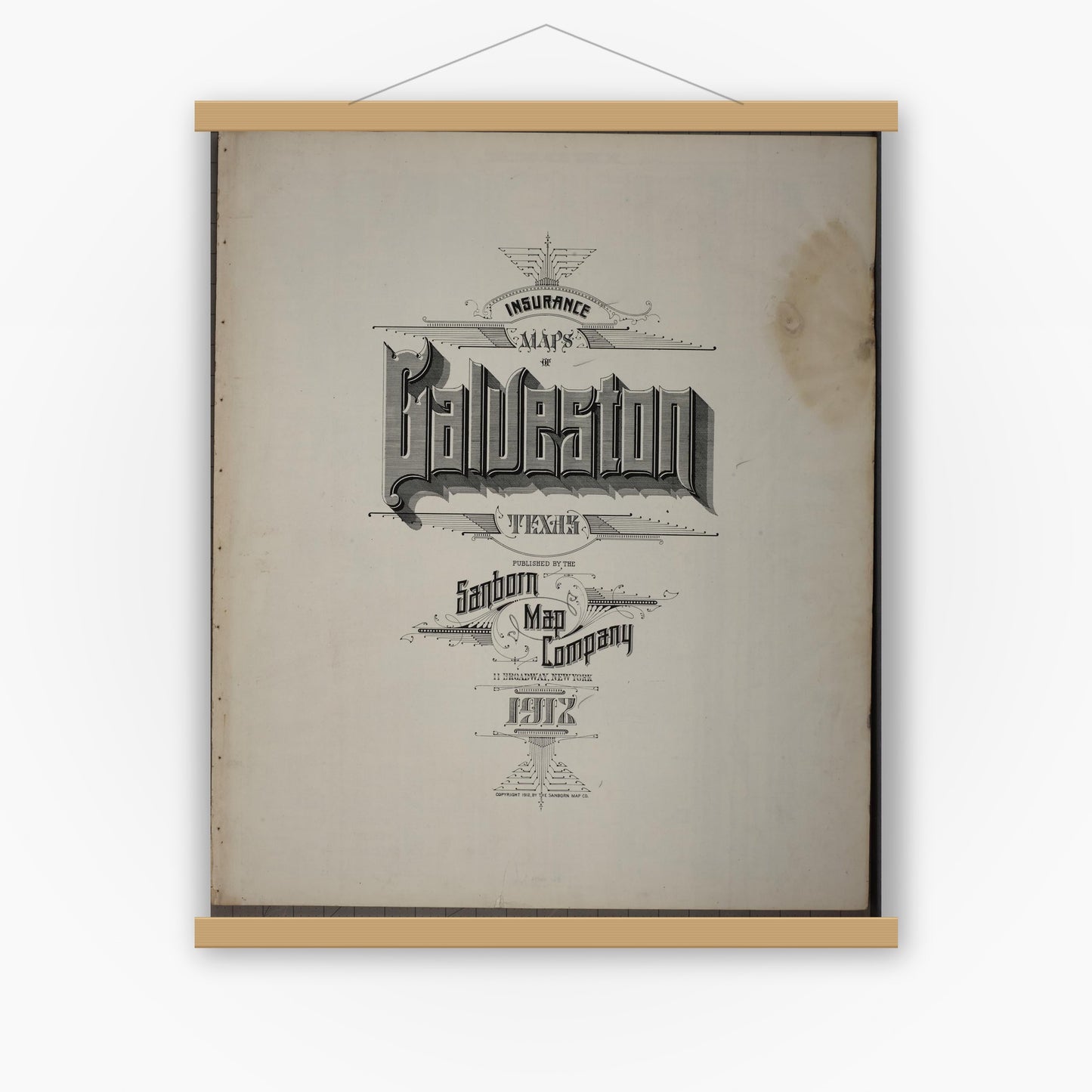 Old map wall art mockup — magnetic wood frame on white wall — Sanborn Fire Insurance Map from Galveston, Galveston County, Texas (1912), Sheet #0001