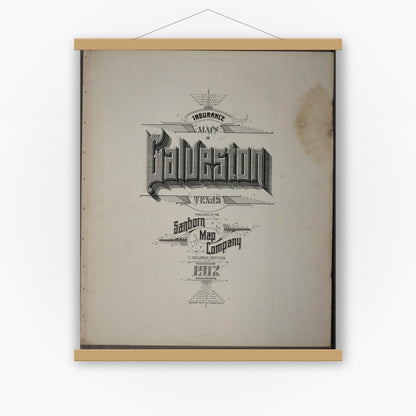 Old map wall art mockup — magnetic wood frame on white wall — Sanborn Fire Insurance Map from Galveston, Galveston County, Texas (1912), Sheet #0001