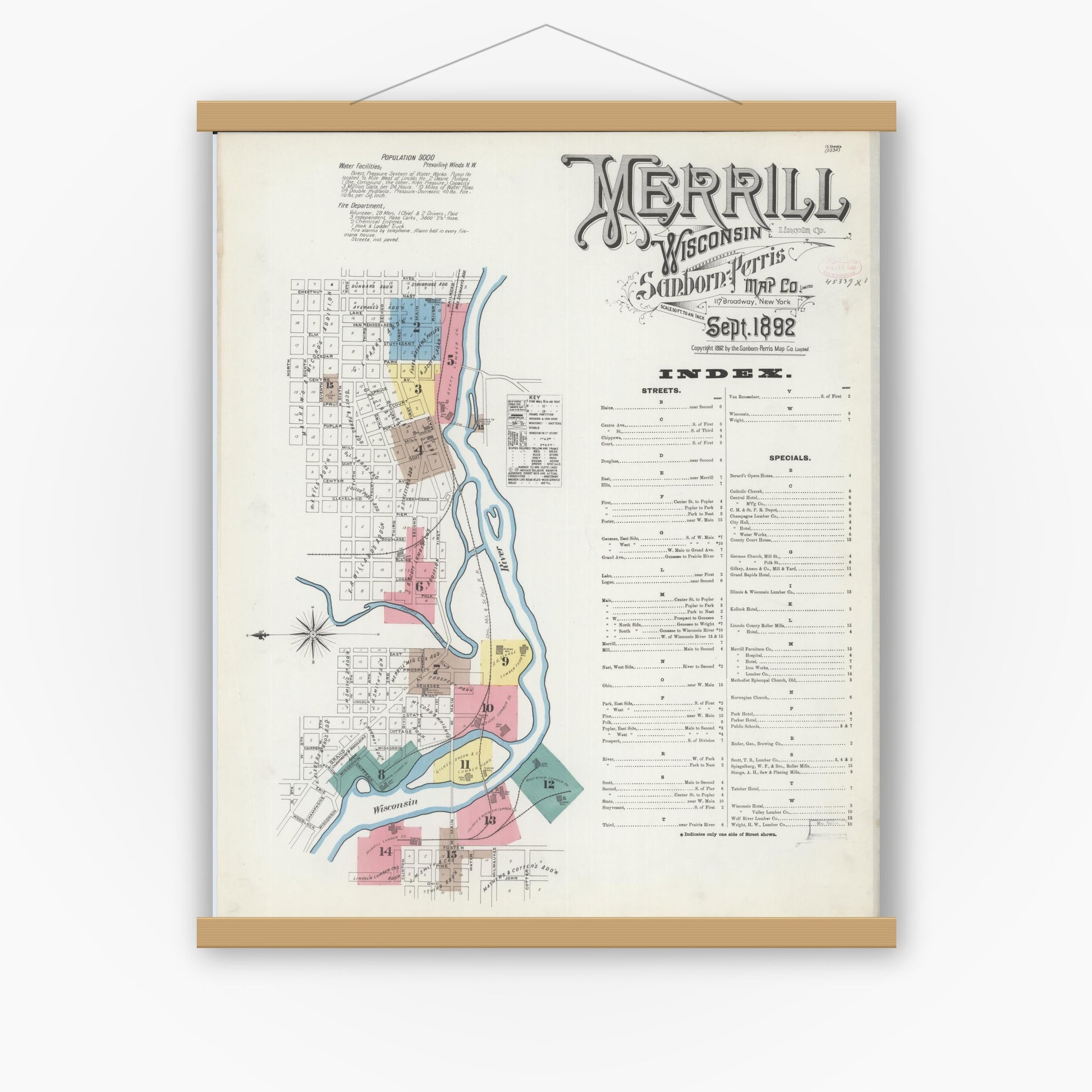 Old map wall art mockup — magnetic wood frame on white wall — Sanborn Fire Insurance Map from Merrill, Lincoln County, Wisconsin (1892) - Complete Map Set