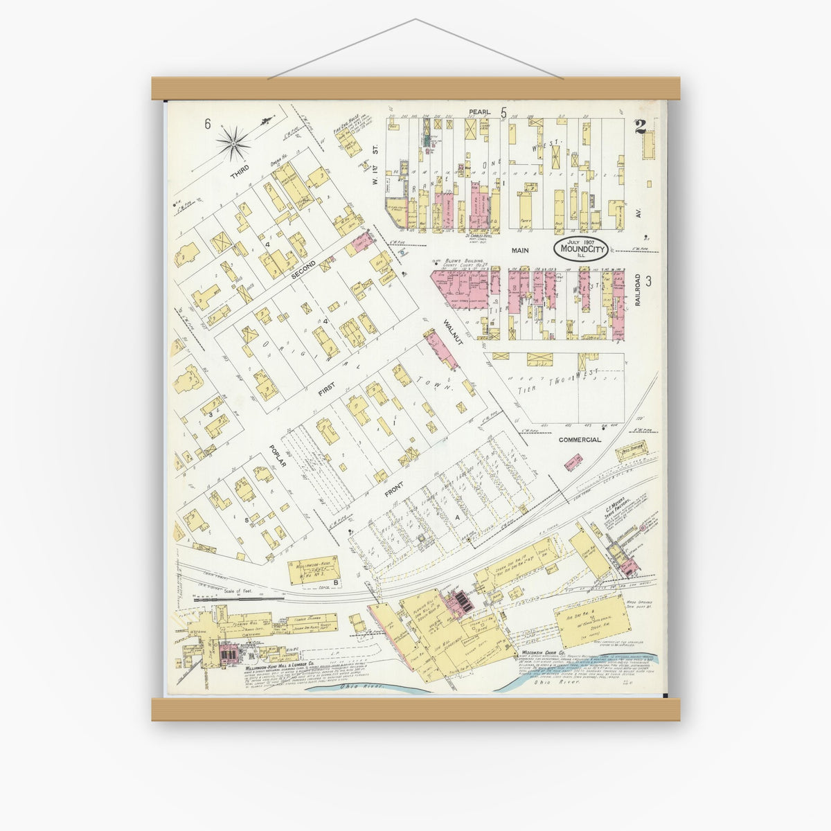 Old map wall art mockup — magnetic wood frame on white wall — Sanborn Fire Insurance Map from Mound City, Pulaski County, Illinois (1907), Sheet #0002