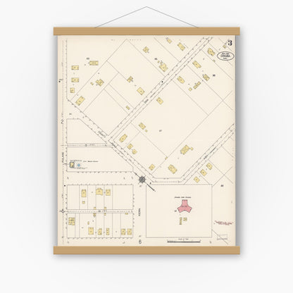 Old map wall art mockup — magnetic wood frame on white wall — Sanborn Fire Insurance Map from Dinuba, Tulare County, California (1912), Sheet #0003