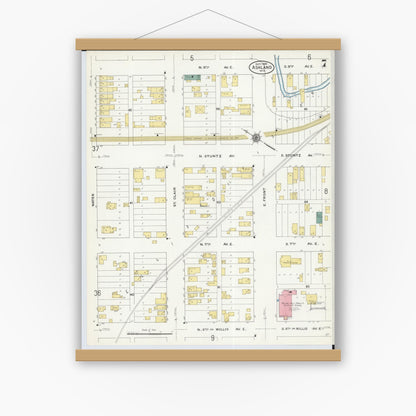 Old map wall art mockup — magnetic wood frame on white wall — Sanborn Fire Insurance Map from Ashland, Ashland County, Wisconsin (1909), Sheet #0007