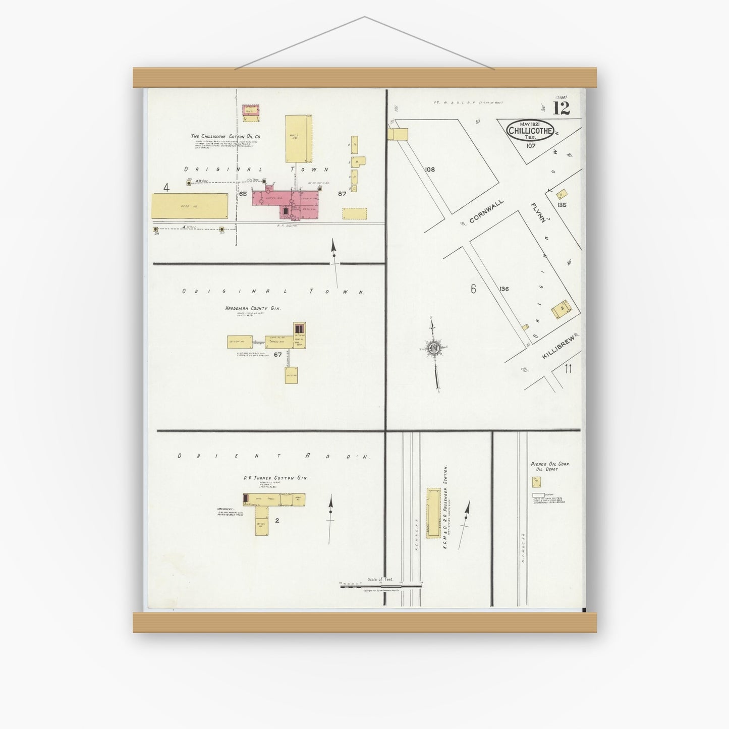 Old map wall art mockup — magnetic wood frame on white wall — Sanborn Fire Insurance Map from Chillicothe, Hardeman County, Texas (1921), Sheet #0012
