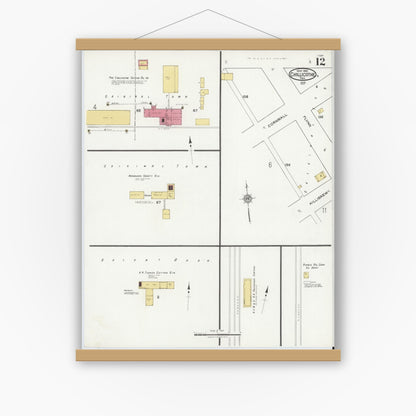 Old map wall art mockup — magnetic wood frame on white wall — Sanborn Fire Insurance Map from Chillicothe, Hardeman County, Texas (1921), Sheet #0012