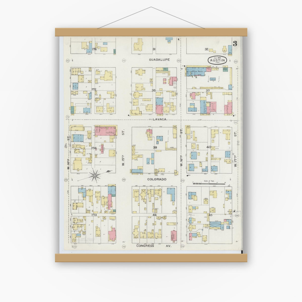 Old map wall art mockup — magnetic wood frame on white wall — Sanborn Fire Insurance Map from Austin, Travis County, Texas (1894), Sheet #0003