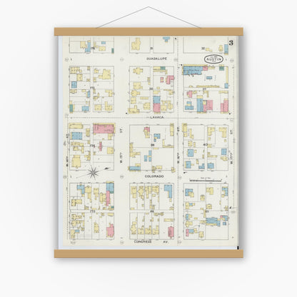 Old map wall art mockup — magnetic wood frame on white wall — Sanborn Fire Insurance Map from Austin, Travis County, Texas (1894), Sheet #0003