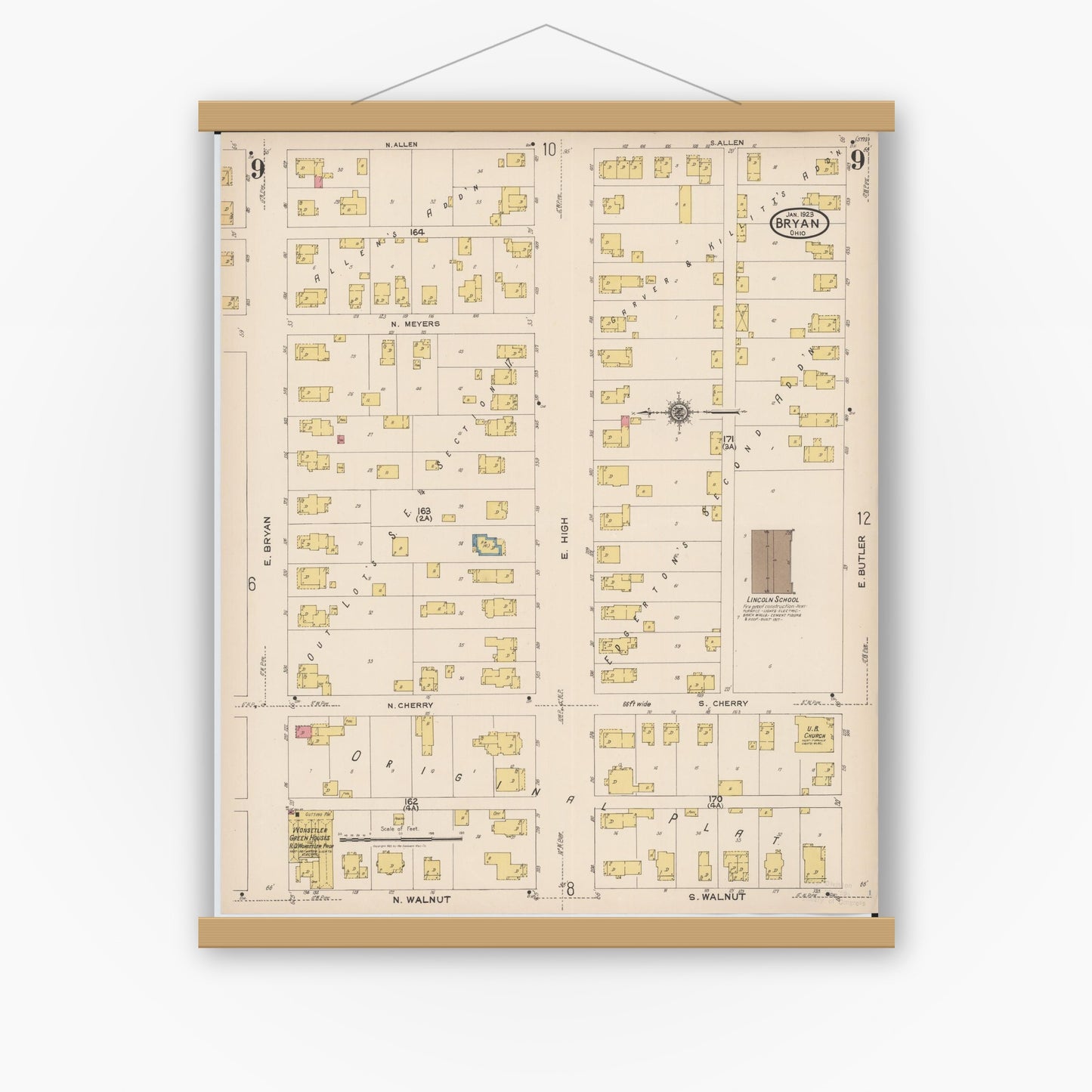 Old map wall art mockup — magnetic wood frame on white wall — Sanborn Fire Insurance Map from Bryan, Williams County, Ohio (1923), Sheet #0009