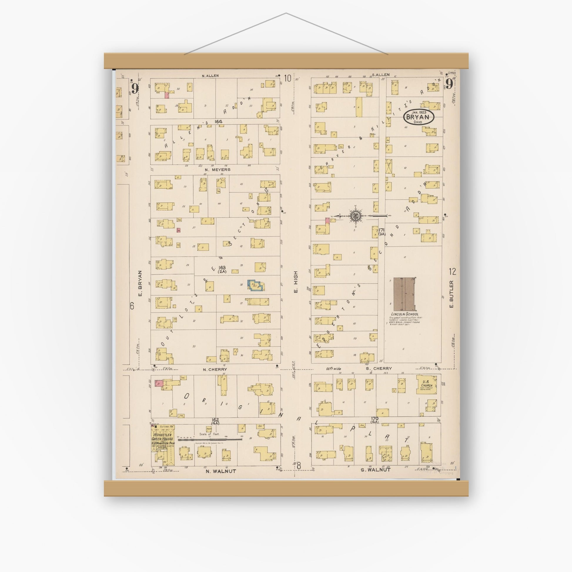 Old map wall art mockup — magnetic wood frame on white wall — Sanborn Fire Insurance Map from Bryan, Williams County, Ohio (1923), Sheet #0009