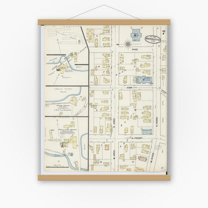 Old map wall art mockup — magnetic wood frame on white wall — Sanborn Fire Insurance Map from Marquette, Marquette County, Michigan (1888), Sheet #0007