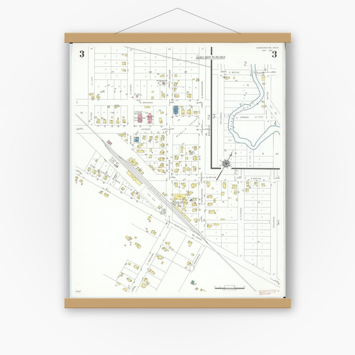 Old map wall art mockup — magnetic wood frame on white wall — Sanborn Fire Insurance Map from Manchester, Washtenaw County, Michigan (1941), Sheet #0003