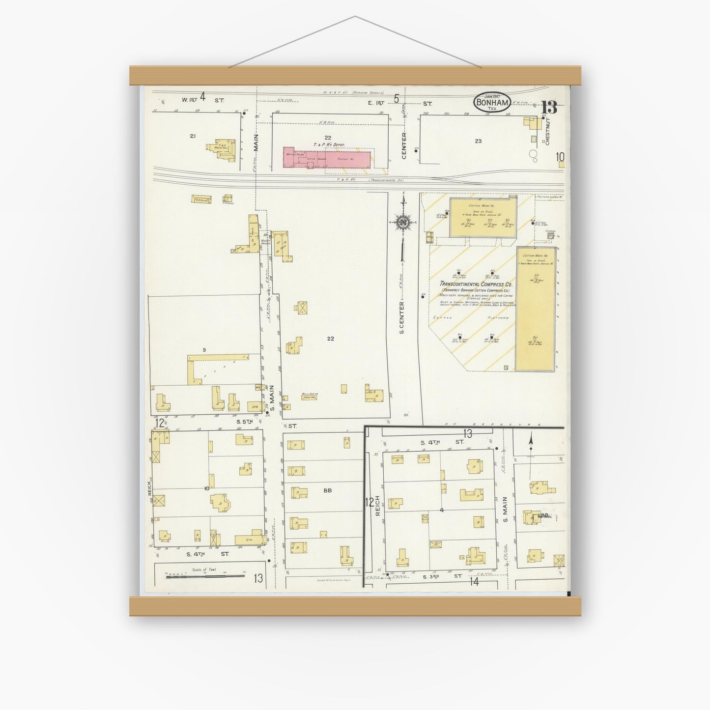 Old map wall art mockup — magnetic wood frame on white wall — Sanborn Fire Insurance Map from Bonham, Fannin County, Texas (1917), Sheet #0013