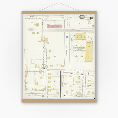 Old map wall art mockup — magnetic wood frame on white wall — Sanborn Fire Insurance Map from Bonham, Fannin County, Texas (1917), Sheet #0013