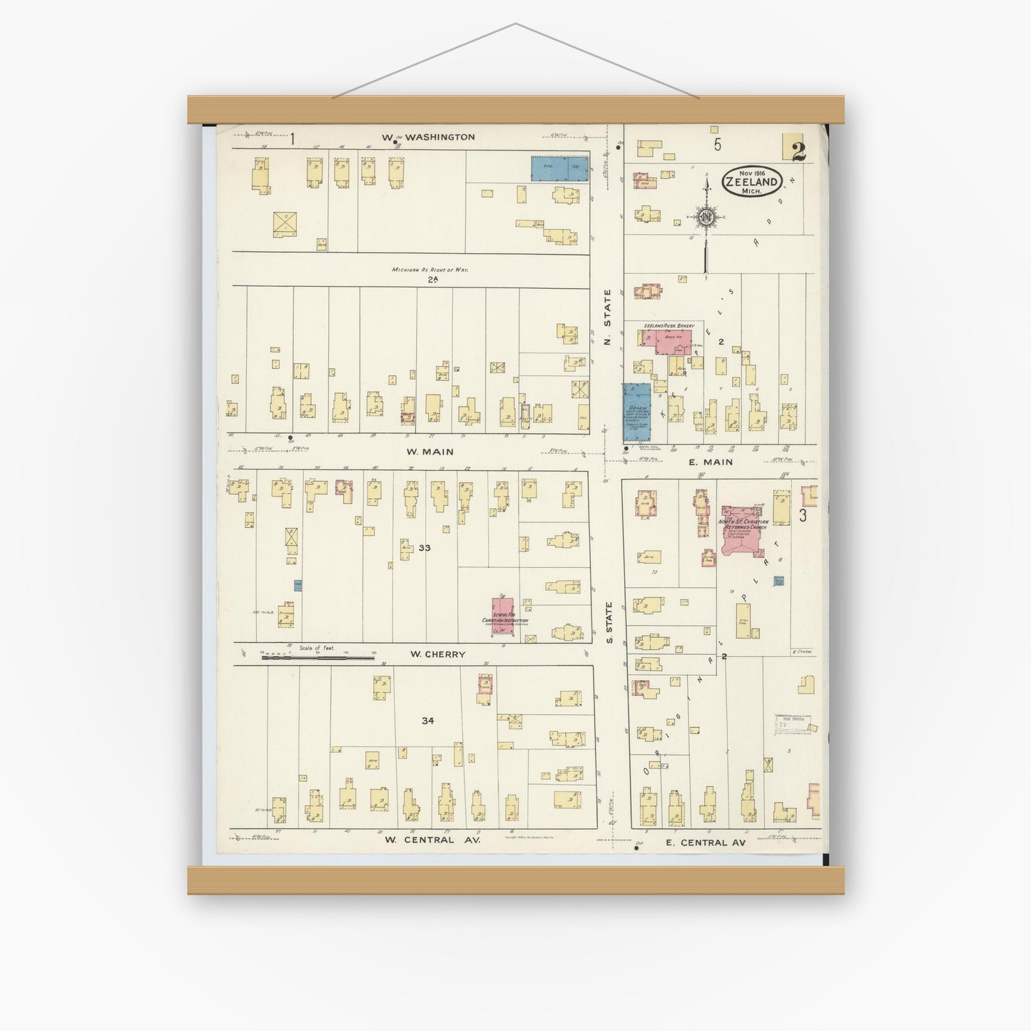 Old map wall art mockup — magnetic wood frame on white wall — Sanborn Fire Insurance Map from Zeeland, Ottawa County, Michigan (1916), Sheet #0002